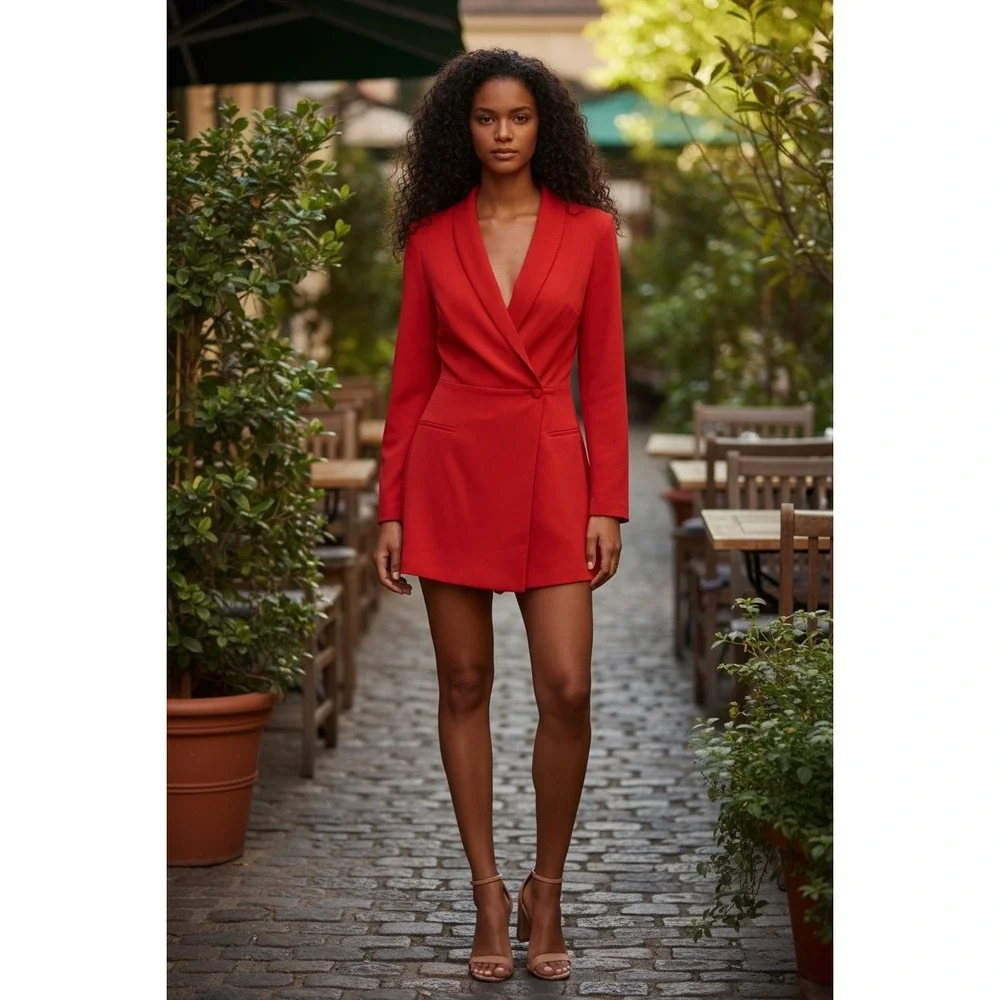 Zara Blazer Romper Womens XS Red Shawl Lapel Long Sleeve Playsuit Chic - Picture 2 of 10